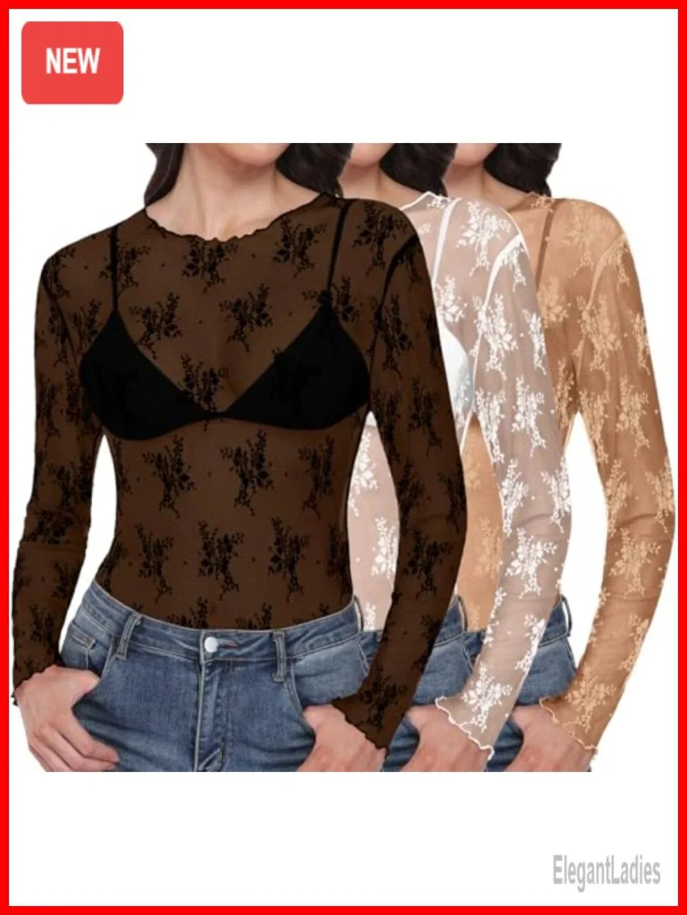 Sheer Mesh Long Sleeve Floral Blouse Mock Neck Ruffle Top Sexy Clubwear